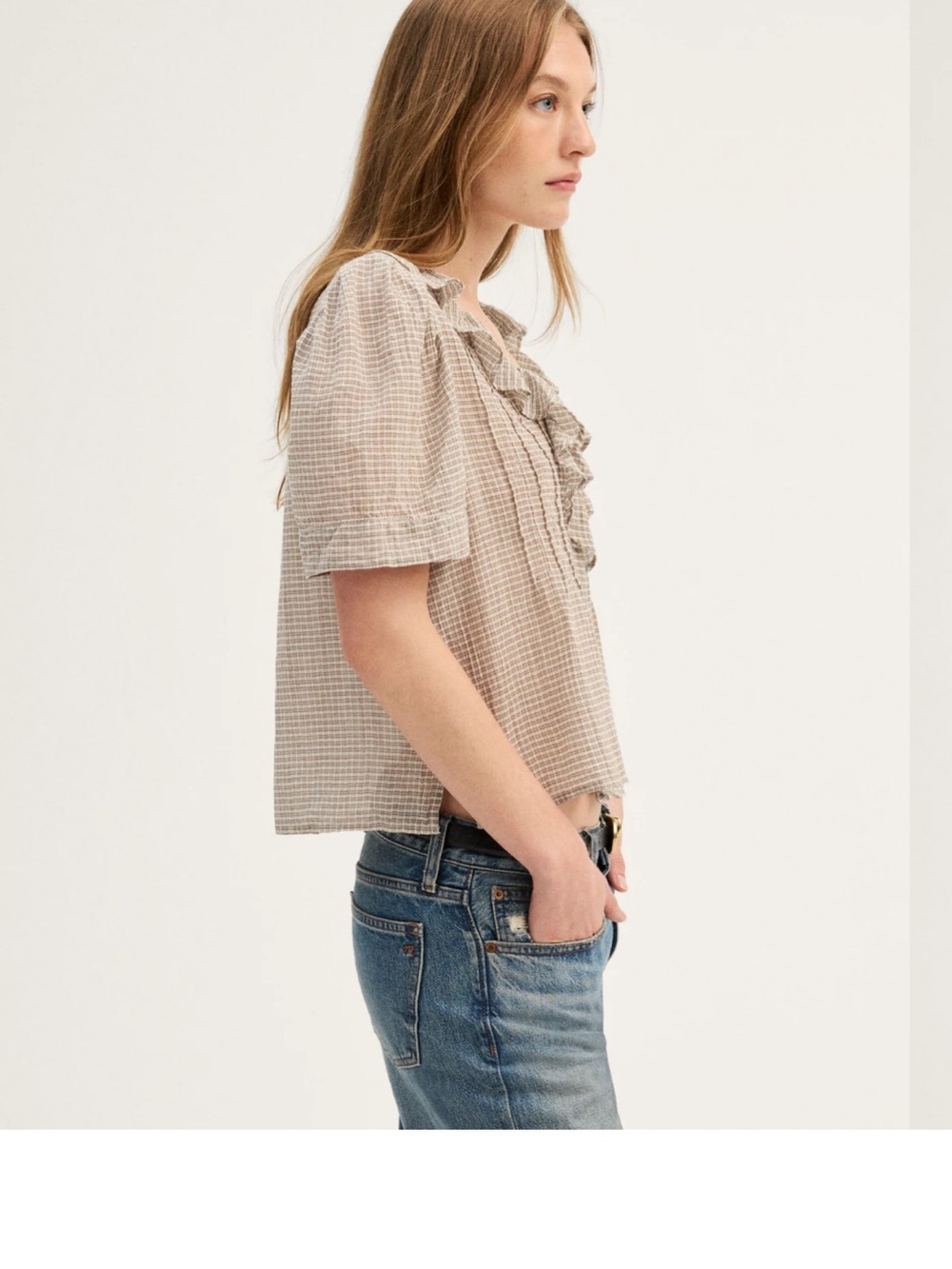 Madewell Beige Ruffle V-Neck Button-Front Blouse - Picture 3 of 9